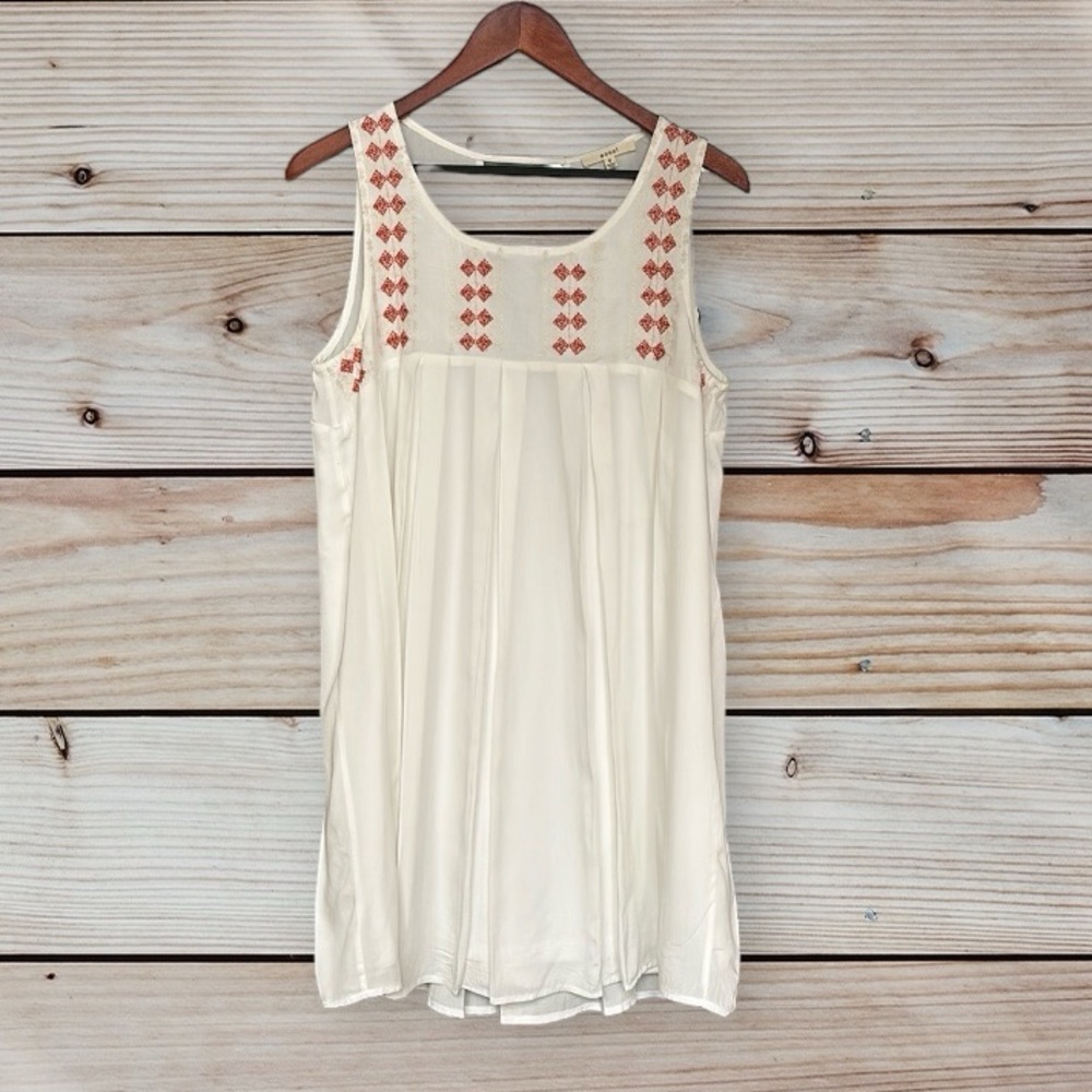 Easel Babydoll Mini Dress Embroidered Rust Boho Keyhole Back Cream Size S